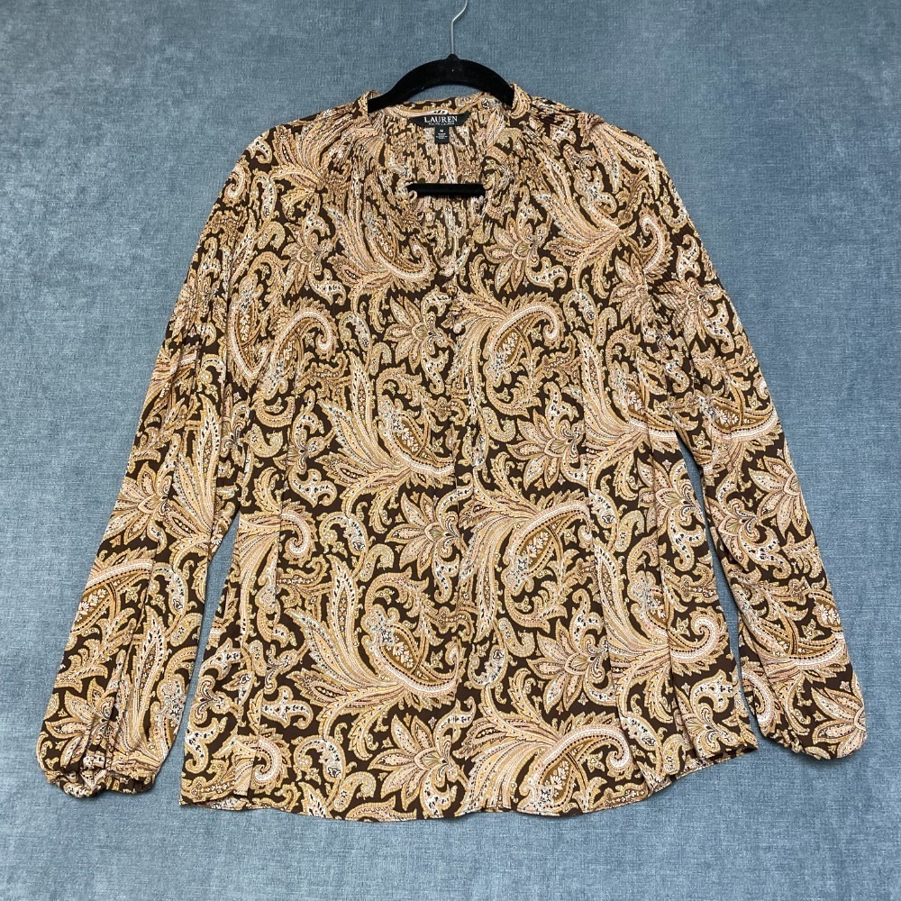 Lauren Ralph Lauren Georgette Blouse Top Womens Medium Brown Paisley Pleated